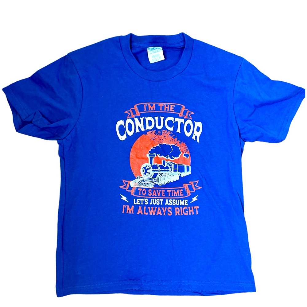 Youth small, train tshirt, cotton, blue